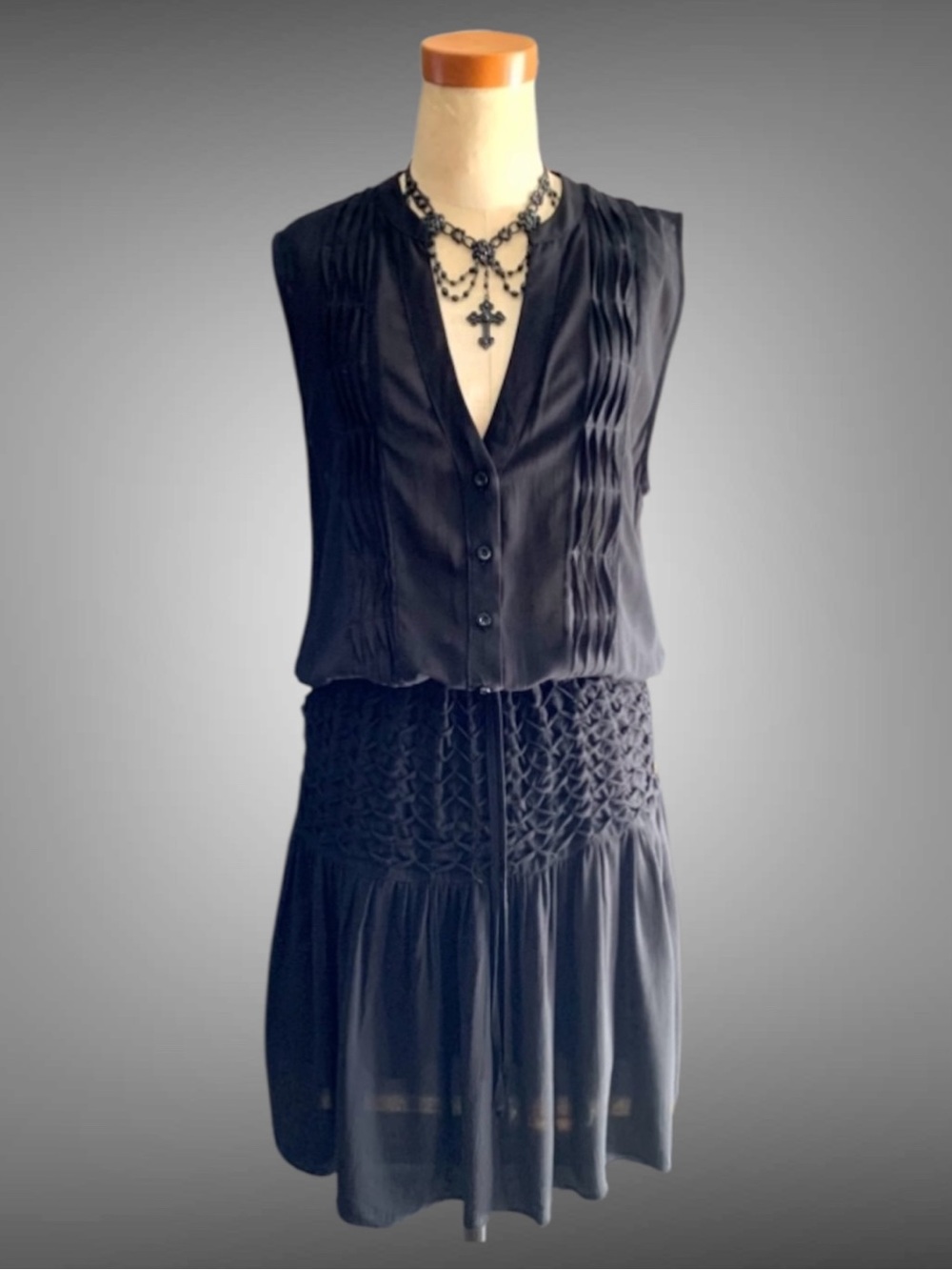 Vintage H&M Whimsy Goth Pin Tucked Drop Waist Smocked Mini Dress Black- 8